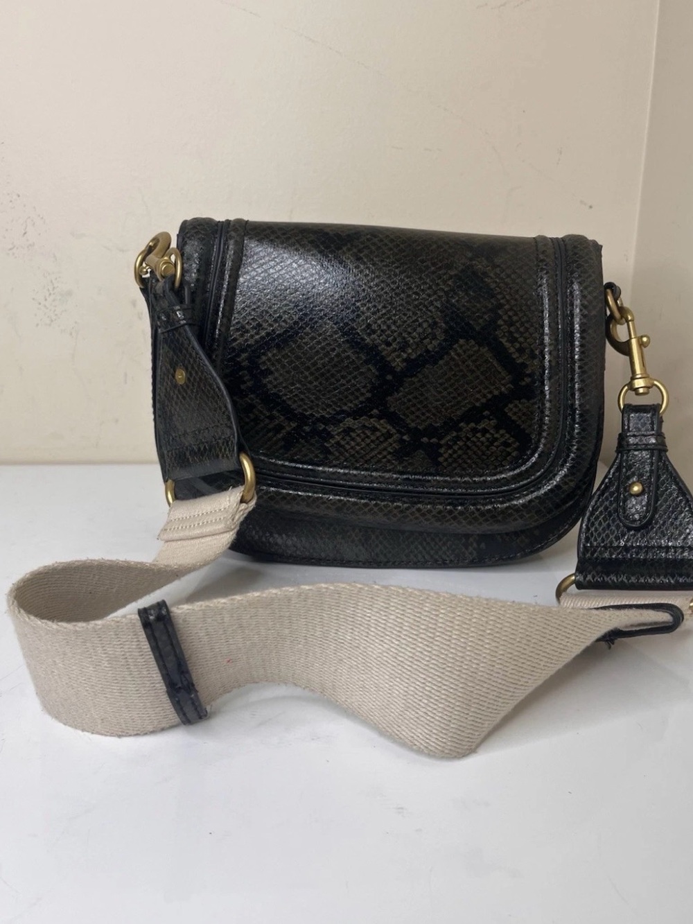 Zara Snake-Embossed Crossbody with Removable Canvas Strap NWOT